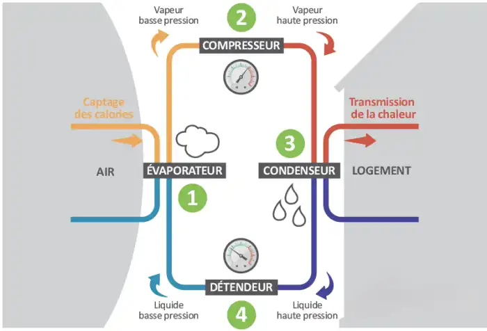 Schéma du fonctionnement d'une pompe à chaleur montrant les étapes de compression, condensation, détente et évaporation avec des flèches colorées.