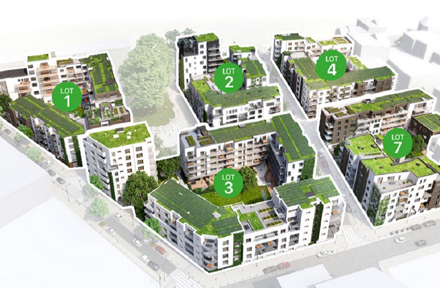 Vue aérienne du projet Tivoli Green City avec des bâtiments à toits verts numérotés de 1 à 7, entourés d'arbres.