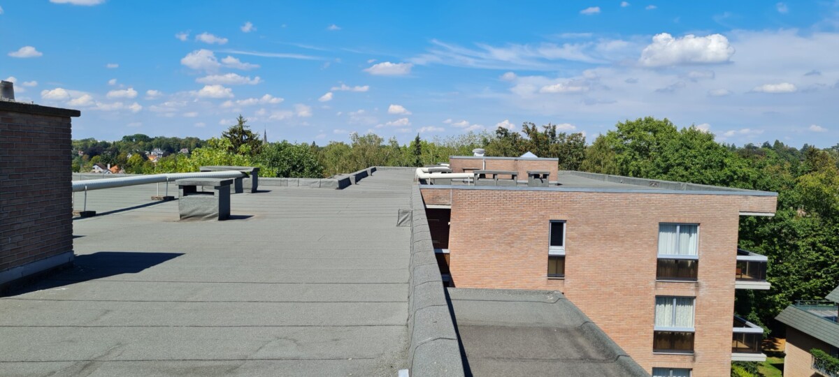 Toit plat d'un immeuble en briques avec une vue sur des arbres et un ciel bleu parsemé de nuages blancs.